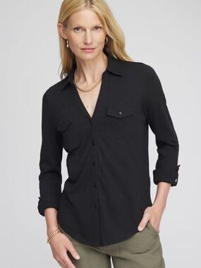 Chico's Black Lightweight Collared Henley Shirt